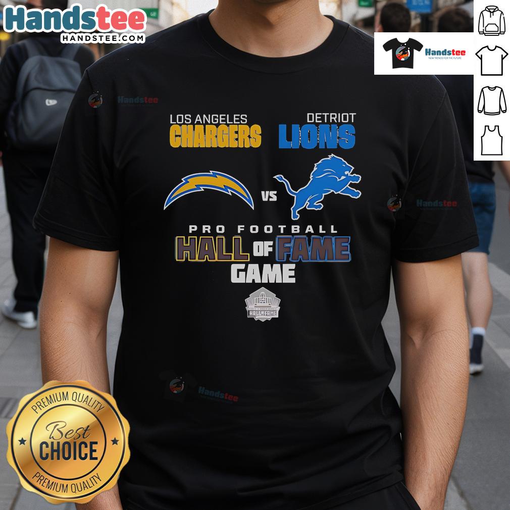 Alt Text: Official Los Angeles Chargers vs Detroit Lions Hall of Fame Game 2025 T-Shirt featuring team logos and game date.