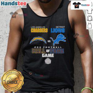 Official Los Angeles Chargers vs Detroit Lions Hall of Fame Game 2025 tank top featuring team logos and vibrant design.