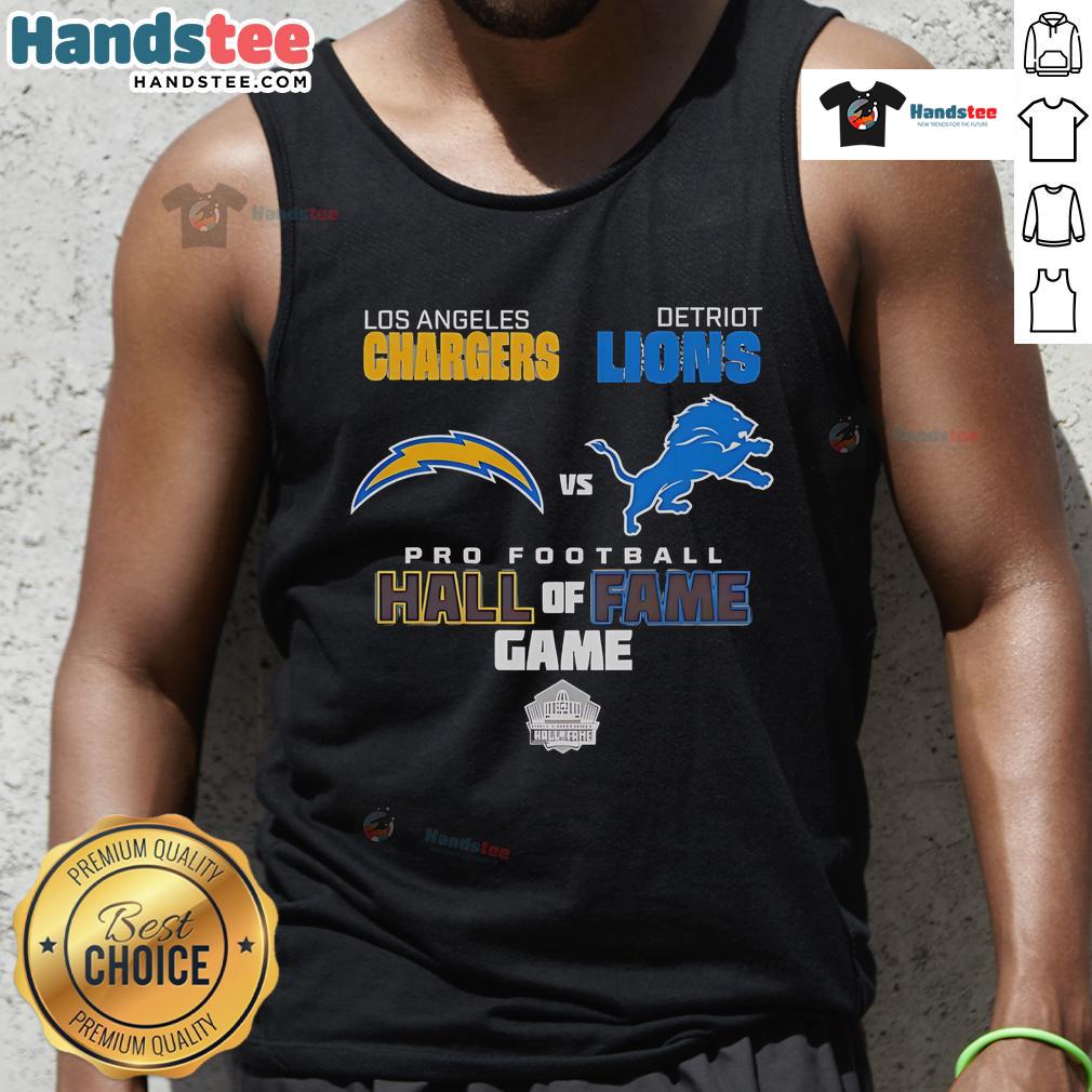 Official Los Angeles Chargers vs Detroit Lions Hall of Fame Game 2025 tank top featuring team logos and vibrant design.
