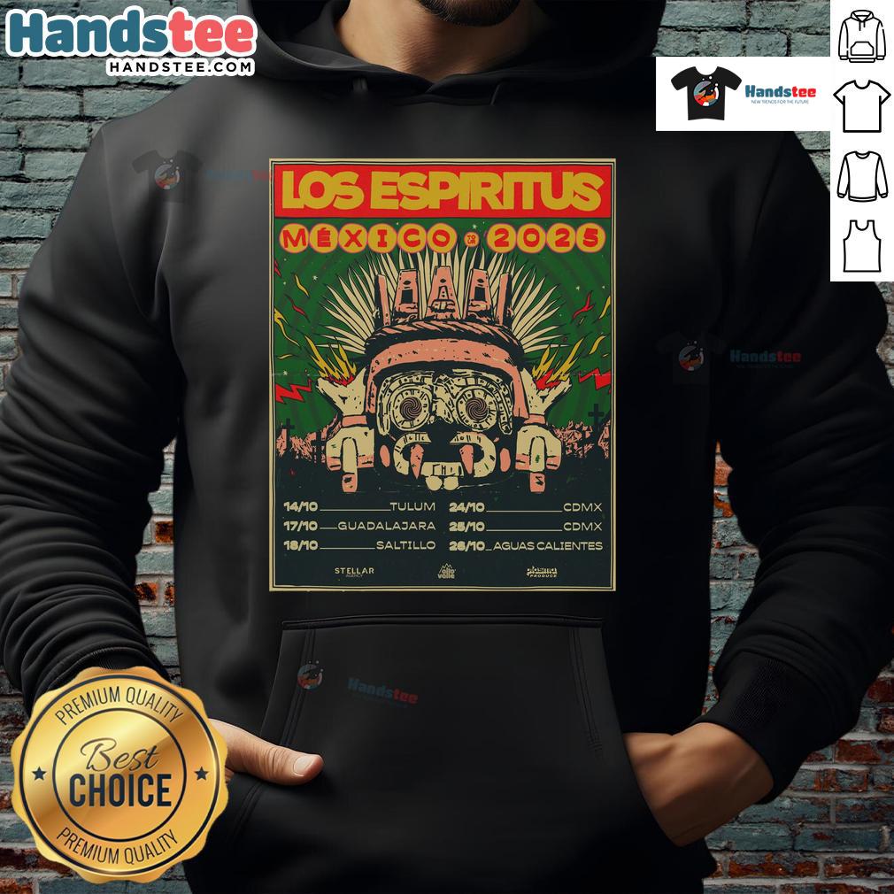 Official Los Espiritus Mexico Tour October 2025 hoodie featuring vibrant design and tour dates, perfect for fans.