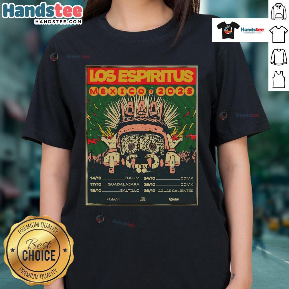 Official Los Espiritus Mexico Tour October 2025 Dates Ladies Tee featuring vibrant design and tour details.