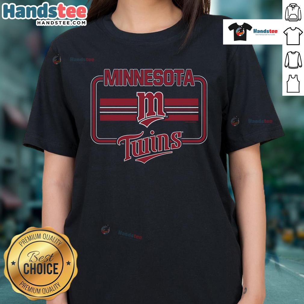 Alt Text: Official Minnesota Twins Fanfare Ladies Tee, featuring team colors and logo, perfect for female baseball fans.