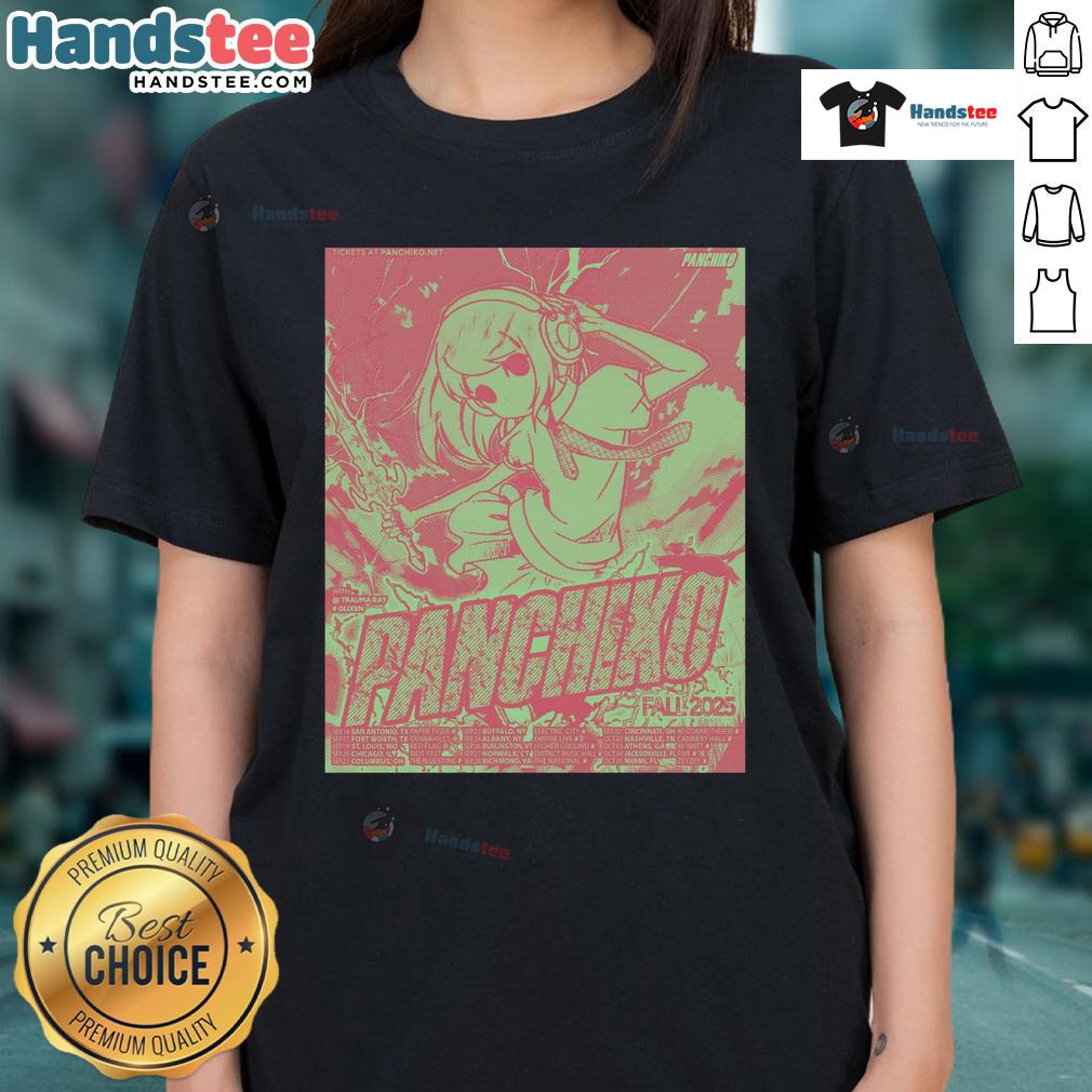 Official Panchico Fall Tour 2025 poster on a ladies tee, featuring vibrant graphics and tour details.