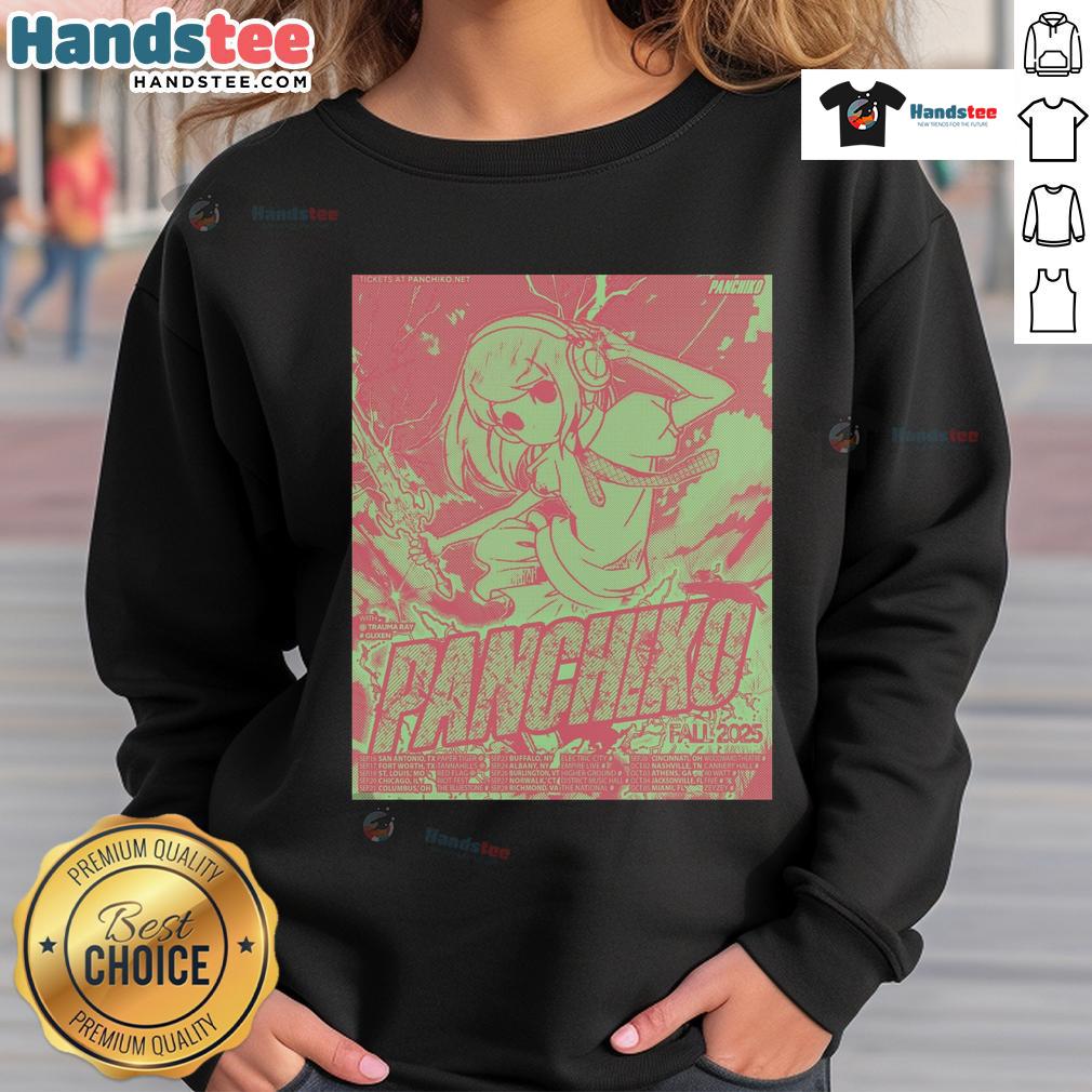 Official Panchico Fall Tour 2025 Poster Sweatshirt featuring vibrant graphics and tour details for fans.