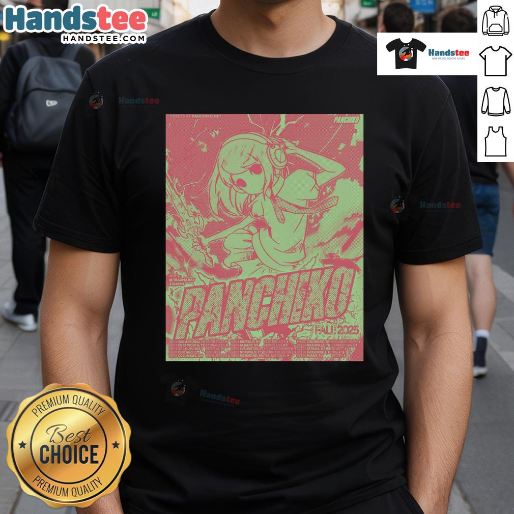 Alt Text: Official Panchico Fall Tour 2025 Poster T-Shirt featuring vibrant graphics and tour dates on a stylish tee.