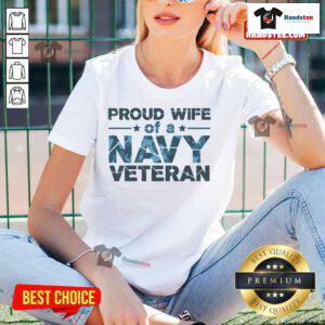 Alt Text: Official Proud Wife of a Navy Veteran Navy Camo Text Ladies Tee showcasing pride and support for Navy veterans.