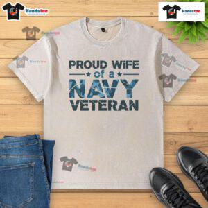 Alt Text: Official Proud Wife of a Navy Veteran t-shirt in navy camo design, perfect for showing support and pride.