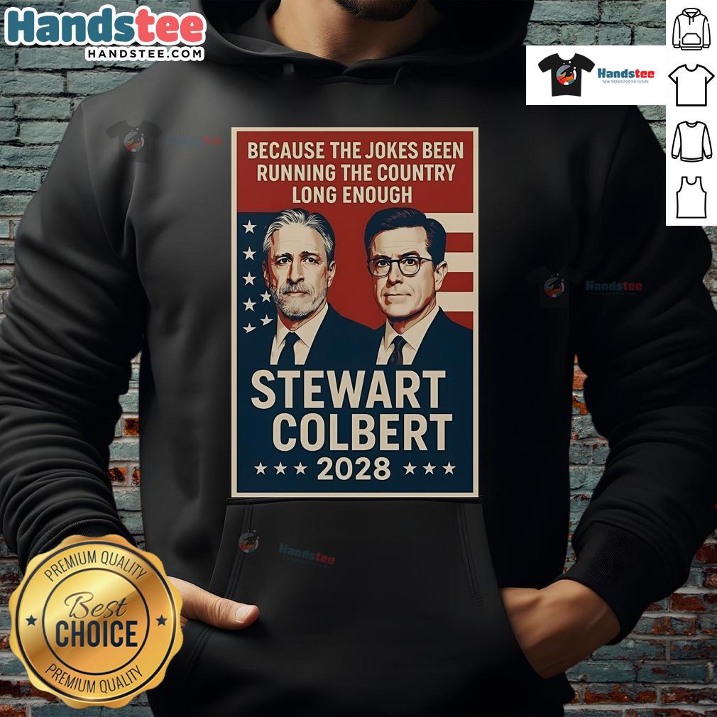 Official Stewart Colbert 2028 hoodie featuring bold graphics and a modern design for fans of political satire and comedy.