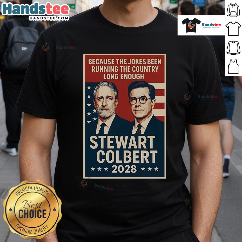 Official Stewart Colbert 2028 T-Shirt featuring a bold design and vibrant colors, perfect for supporters of the campaign.