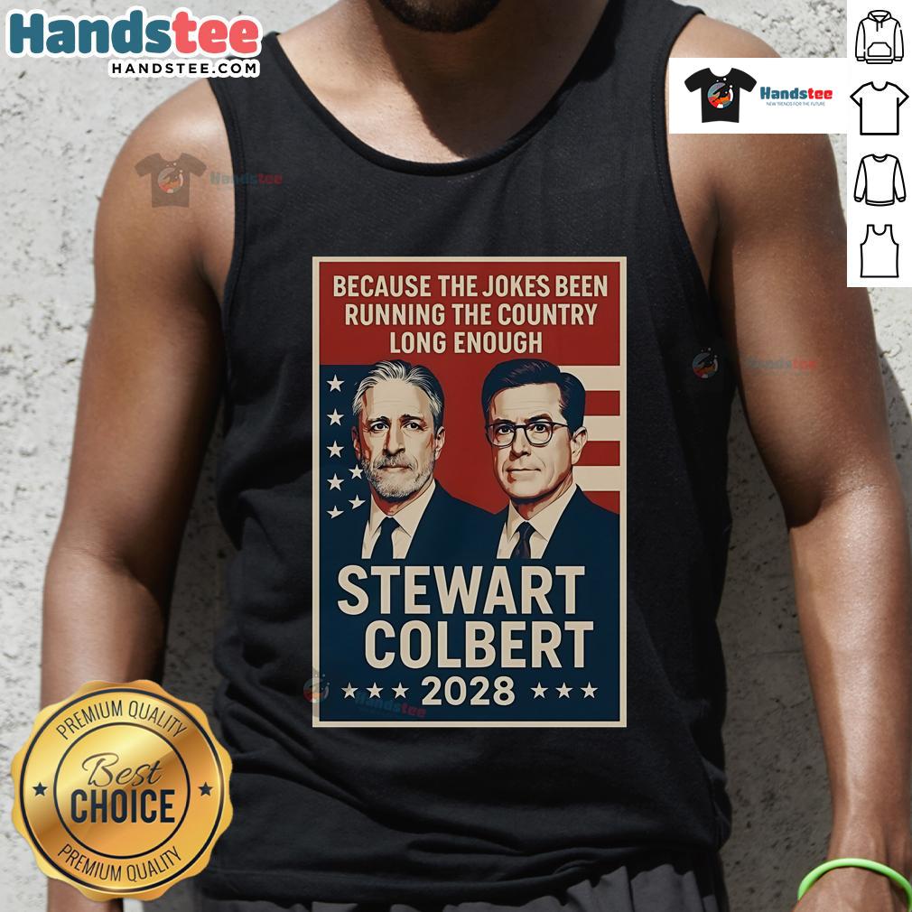 Official Stewart Colbert 2028 tank top featuring bold graphics and a stylish design for campaign supporters.
