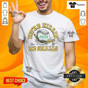 Alt Text: Official The Sandlot X Athletics You're Killin' Me Smalls T-Shirt featuring iconic movie quote and stylish design.