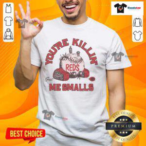 Alt Text: Official The Sandlot X Cincinnati Reds You're Killin' Me Smalls T-Shirt featuring iconic baseball graphics and quotes.