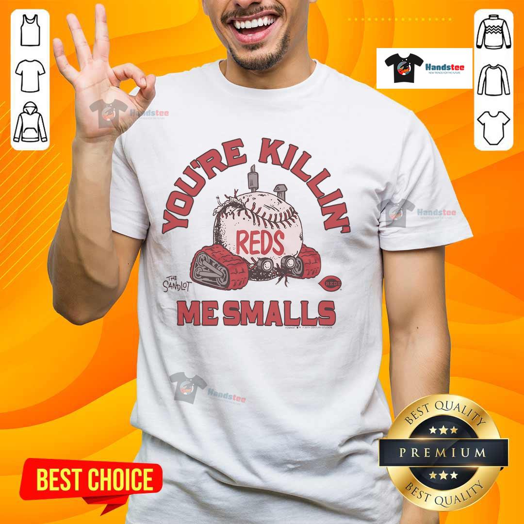 Alt Text: Official The Sandlot X Cincinnati Reds You're Killin' Me Smalls T-Shirt featuring iconic baseball graphics and quotes.