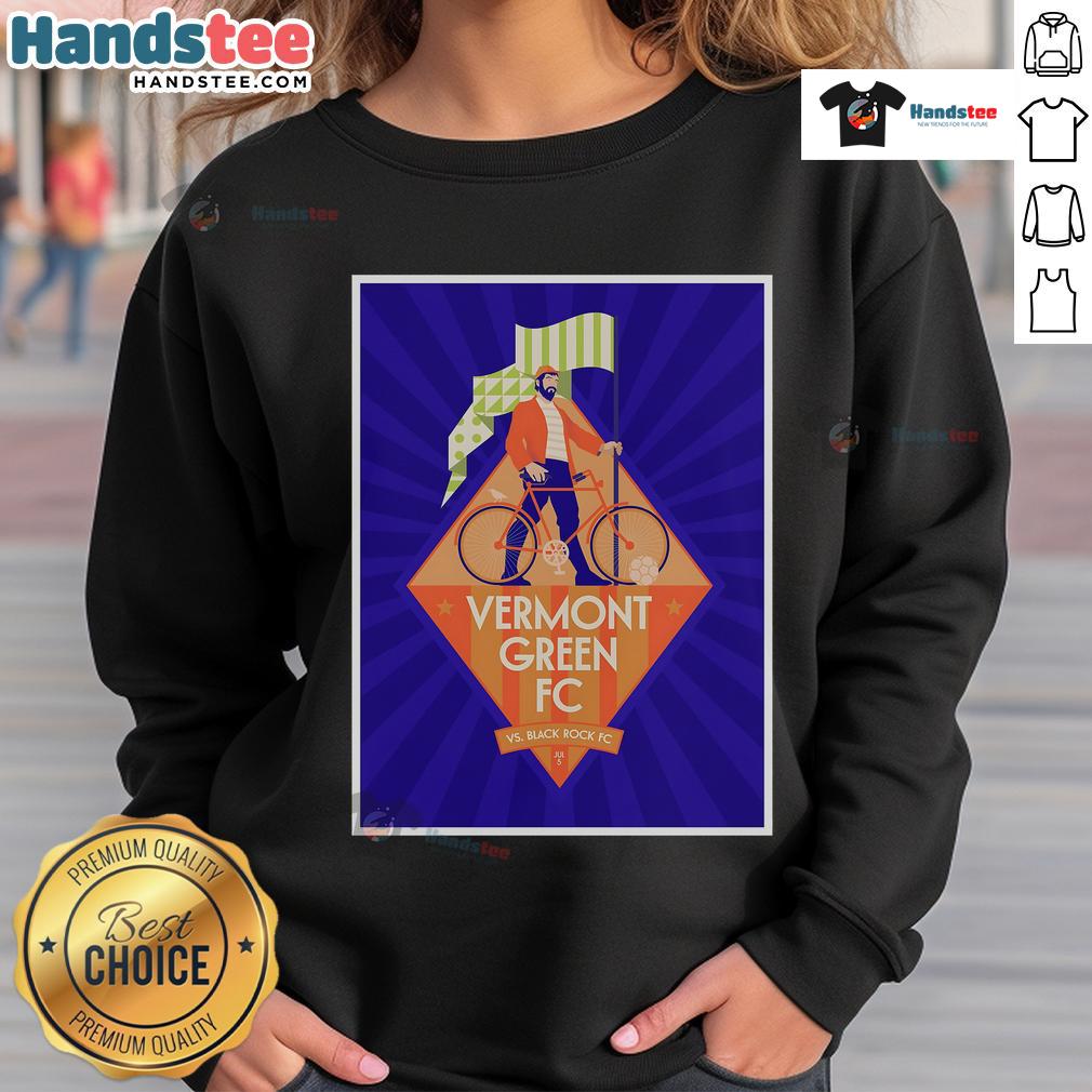 Official Vermont Green FC vs Black Rock FC July 5, 2025 poster sweatshirt featuring team logos and match details.