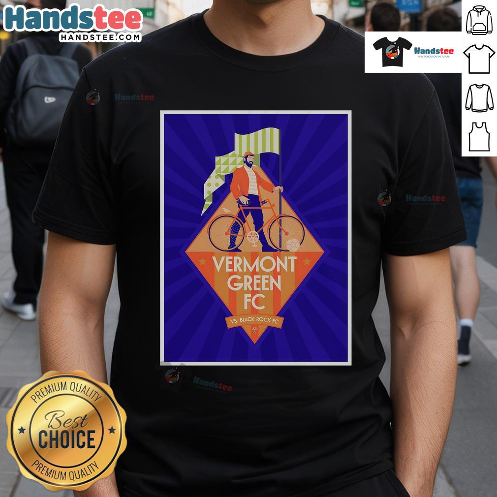 Official Vermont Green FC vs Black Rock FC July 5, 2025 poster on a T-shirt at Virtue Field, showcasing vibrant team designs.