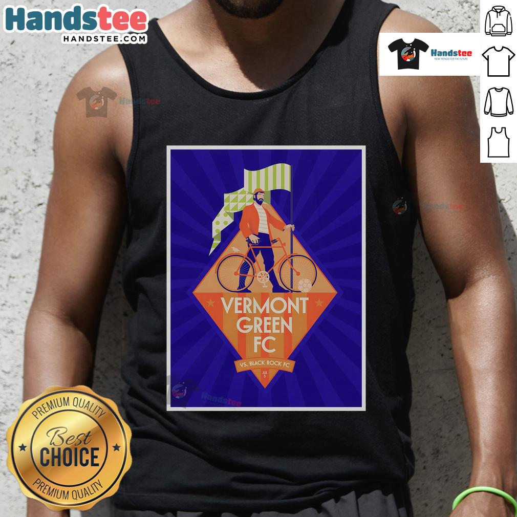 Official Vermont Green FC vs Black Rock FC July 5, 2025 poster on a tank top, showcasing Virtue Field event details.