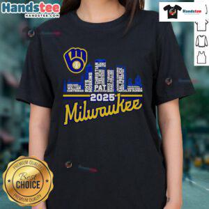 Alt Text: Original Milwaukee Brewers 2025 Skyline Name Ladies Tee featuring city skyline design and team logo.