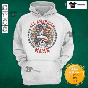 Premium All American Mama Leopard Messy Bun Mom 4th of July Skull Hoodie design featuring a stylish skull and festive elements.