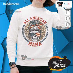 Premium All American Mama Leopard Messy Bun Mom 4th of July Skull Sweatshirt featuring a stylish design for patriotic moms.