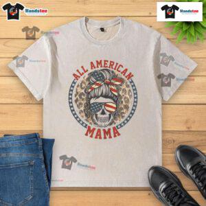 Premium All American Mama leopard messy bun mom 4th of July skull washed t-shirt design for patriotic celebrations.