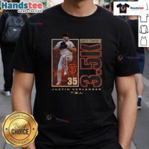 Alt Text: Awesome Justin Verlander San Francisco Giants T-Shirt celebrating 3,500 career strikeouts in vibrant design.