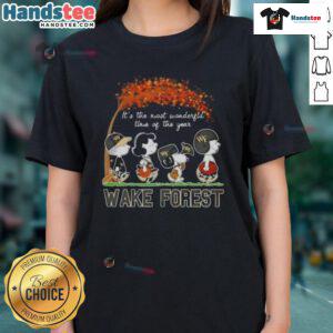 Wake Forest Ladies Tee featuring 'Awesome Peanuts: It's the Most Wonderful Time of the Year' design for festive style.