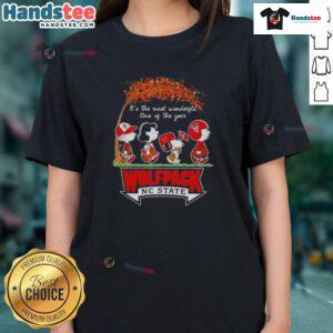 NC State Wolfpack ladies tee featuring 'Awesome Peanuts: It's the Most Wonderful Time of the Year' design.