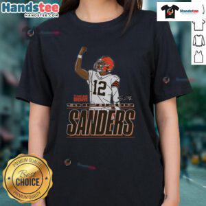 Awesome Shedeur Sanders Cleveland Browns Believe Ladies Tee featuring vibrant graphics and stylish design for fans.