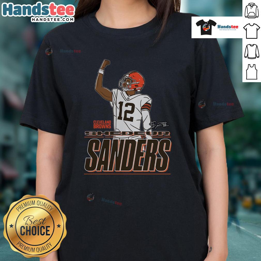 Awesome Shedeur Sanders Cleveland Browns Believe Ladies Tee featuring vibrant graphics and stylish design for fans.