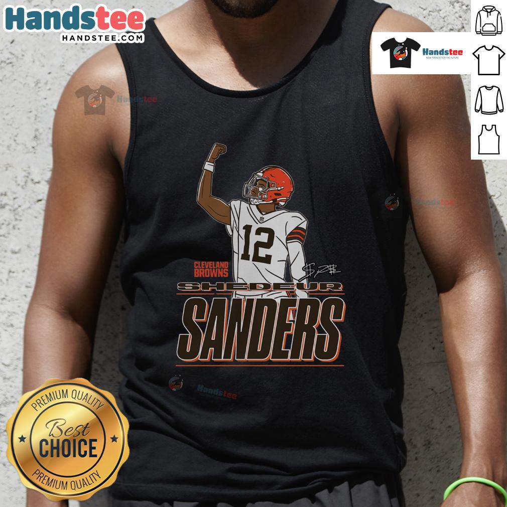 Alt Text: Shedeur Sanders wearing a Cleveland Browns Believe tank top, showcasing team spirit and stylish sportswear.
