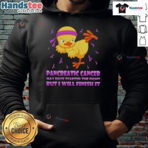Cute cartoon chick in karate kick pose on hoodie, symbolizing strength against pancreatic cancer fight.