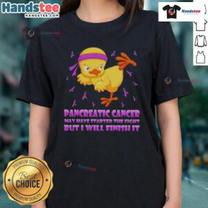 Adorable cartoon chick performing a karate kick, symbolizing strength in the fight against pancreatic cancer on a ladies' tee.
