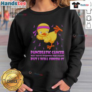 Adorable cartoon chick delivering a karate kick on a sweatshirt, promoting pancreatic cancer awareness with a fighting spirit.