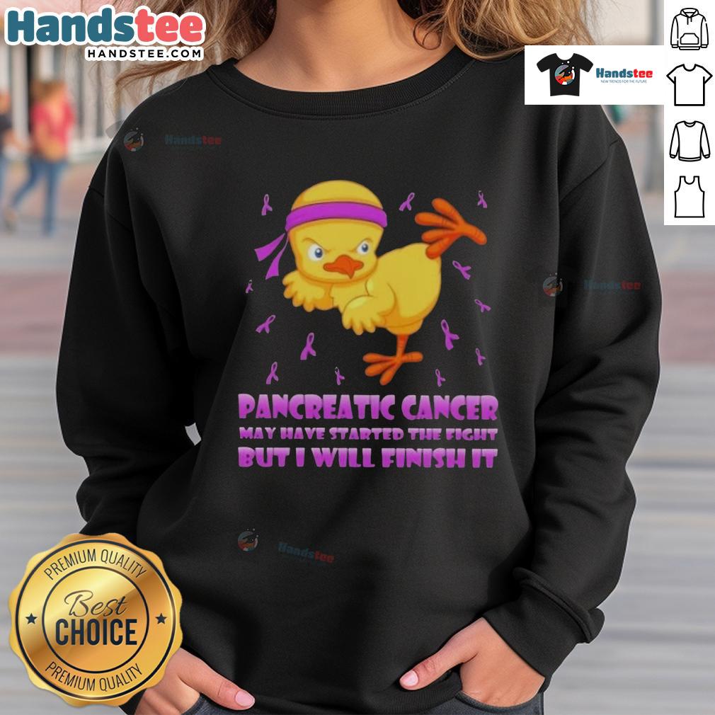 Adorable cartoon chick delivering a karate kick on a sweatshirt, promoting pancreatic cancer awareness with a fighting spirit.