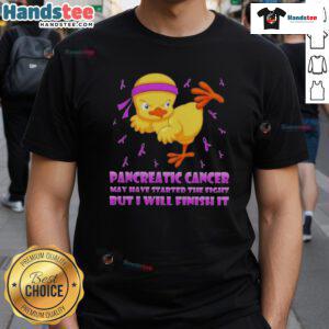 Alt Text: Cute cartoon chick performing a karate kick on a t-shirt, promoting pancreatic cancer awareness and strength.