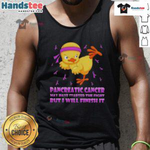 Adorable cartoon chick performing a karate kick, promoting pancreatic cancer awareness with the phrase 'I will finish it.'