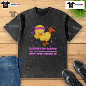 Cute cartoon chick doing a karate kick, promoting pancreatic cancer awareness on a washed t-shirt.