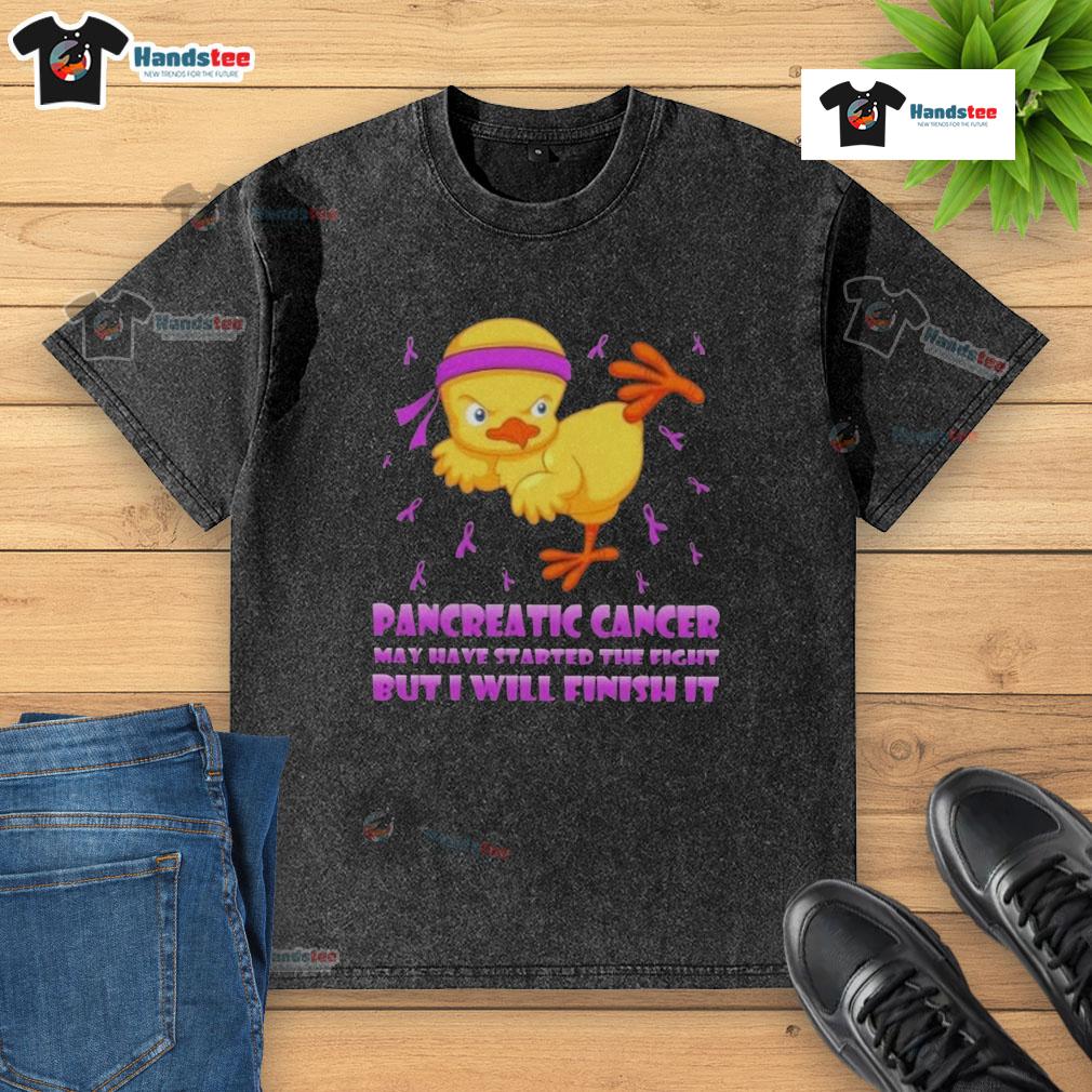 Cute cartoon chick doing a karate kick, promoting pancreatic cancer awareness on a washed t-shirt.