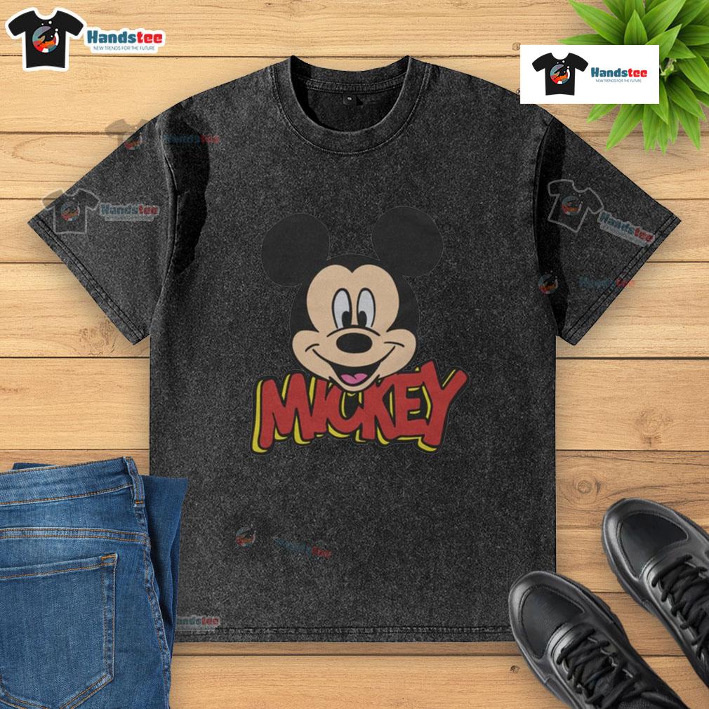 Cute Mickey Mouse icon on a washed t-shirt, perfect for casual wear and Disney fans.