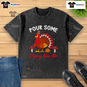 Cute Thanksgiving turkey graphic on a washed t-shirt, perfect for holiday humor and festive gatherings.