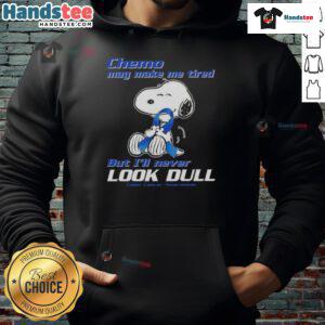 Alt Text: Cute Snoopy hoodie with a cancer awareness message, showcasing Chemo may make me tired but I'll never look dull.