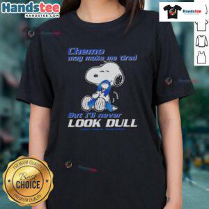 Alt Text: Cute Snoopy graphic on a ladies tee promoting colon awareness, highlighting chemo fatigue with a vibrant design.