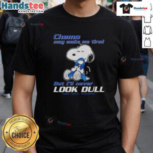 Alt Text: Cute Snoopy chemo awareness t-shirt with vibrant design, promoting positivity despite fatigue. Colon awareness message.