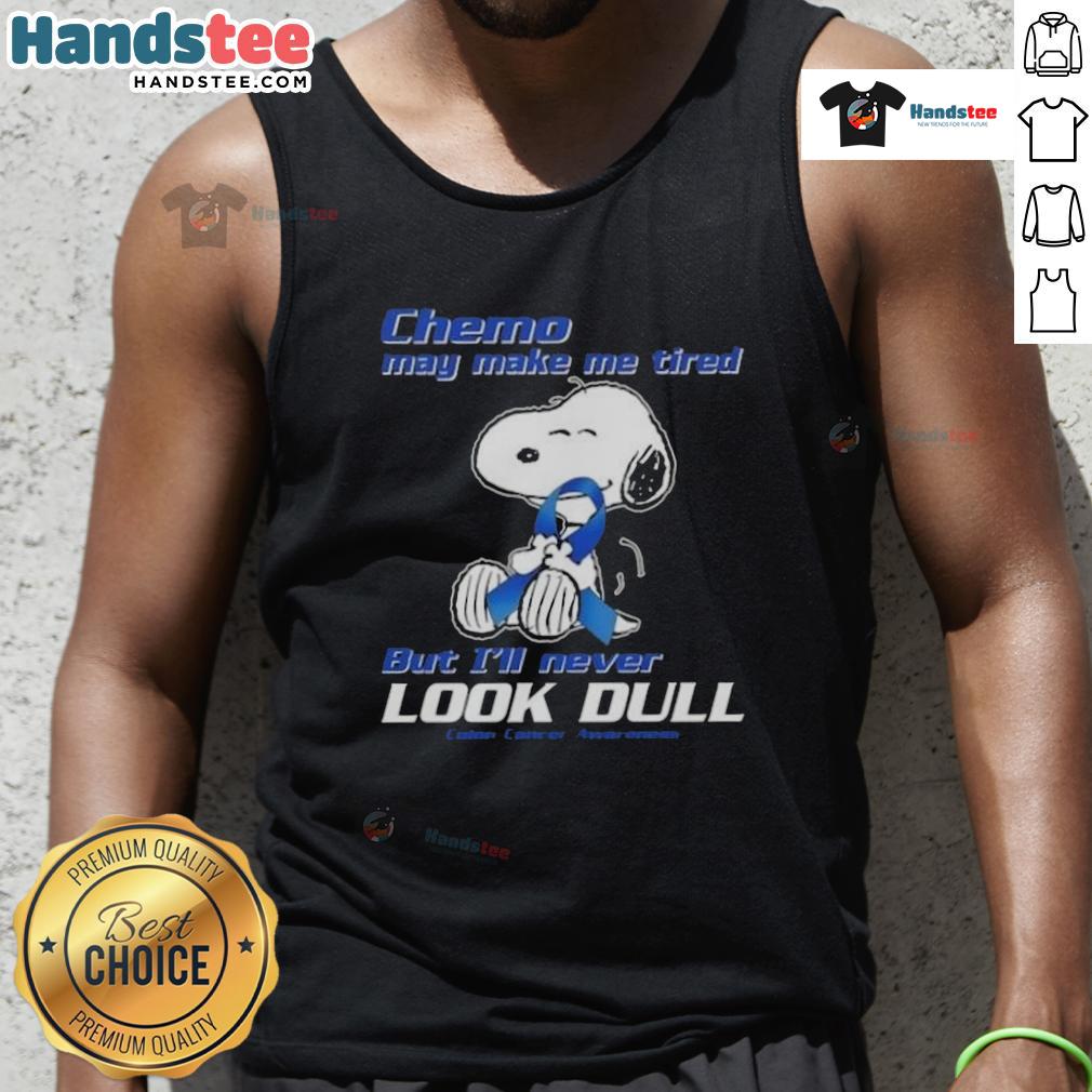 Alt Text: Cute Snoopy chemo tank top with a vibrant design promoting colon awareness and positivity during treatment.