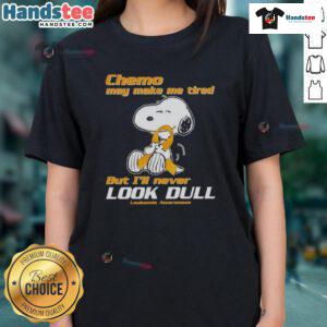 Alt Text: Cute Snoopy illustration on a ladies tee promoting leukemia awareness, highlighting resilience despite chemo fatigue.