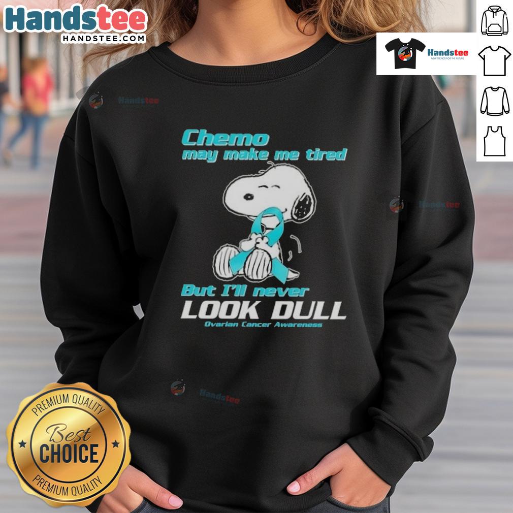 Alt Text: Cute Snoopy sweatshirt for ovarian cancer awareness, showcasing a vibrant design with a supportive message.