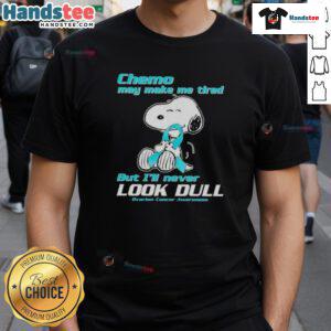 Alt Text: Cute Snoopy wearing a vibrant Ovarian Cancer Awareness T-shirt, promoting positivity despite chemo fatigue.