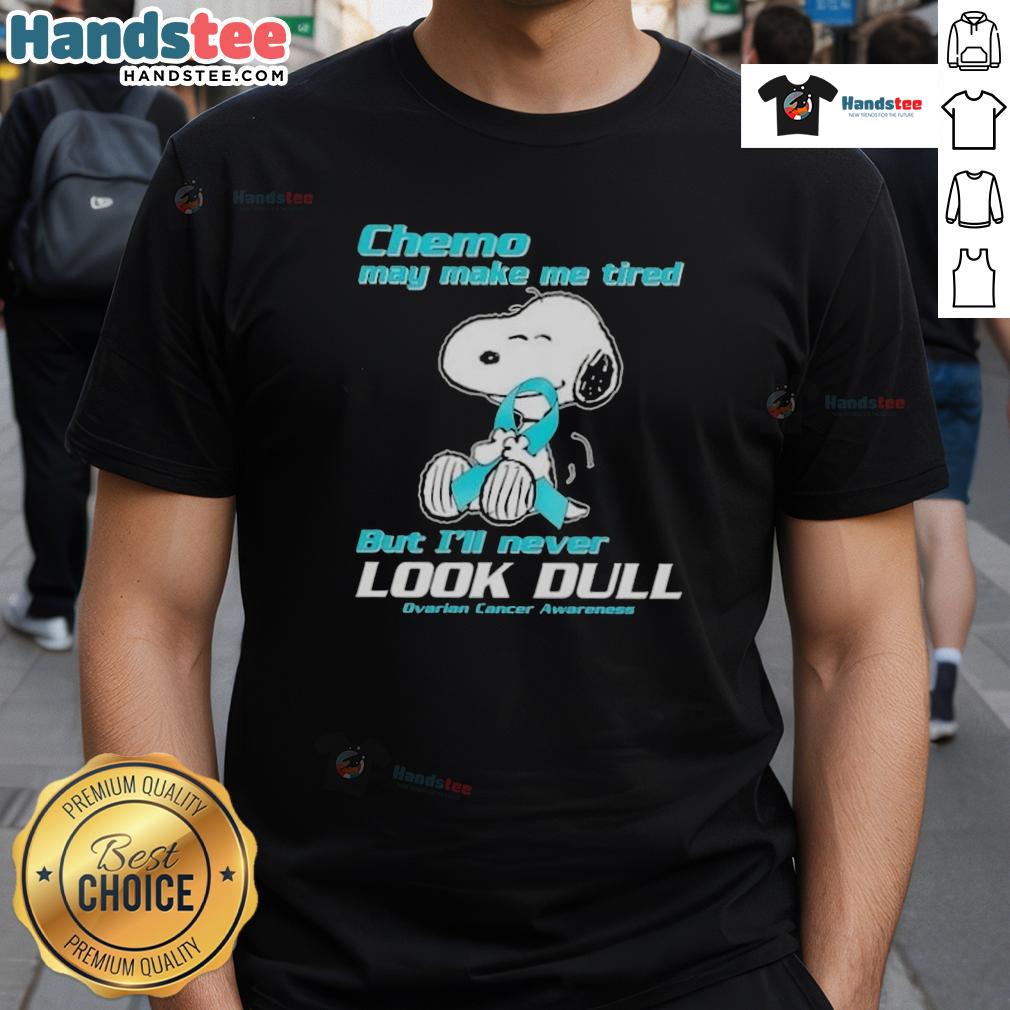 Alt Text: Cute Snoopy wearing a vibrant Ovarian Cancer Awareness T-shirt, promoting positivity despite chemo fatigue.