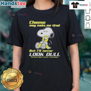 Cute Snoopy graphic on a ladies tee promoting sarcoma bone cancer awareness, highlighting resilience despite chemo fatigue.