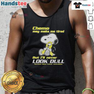 Cute Snoopy tank top promoting sarcoma bone cancer awareness, featuring a cheerful design despite chemo fatigue.